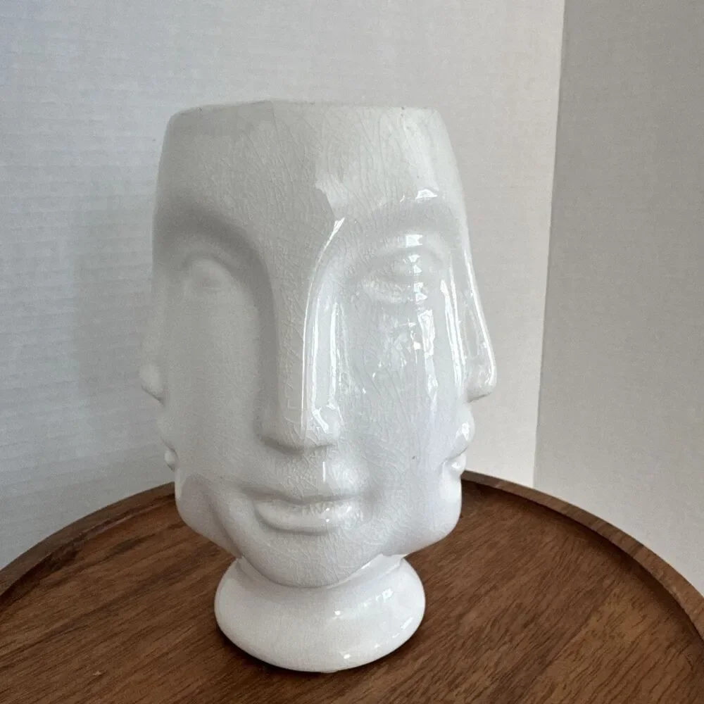 White Crackled Four Faces Vase Interesting Eye Catching